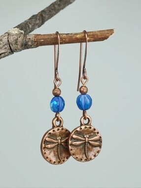 HAND CRAFTED Dragonfly Dangle Earrings Rustic Copper Blue Artisan Glass Nature